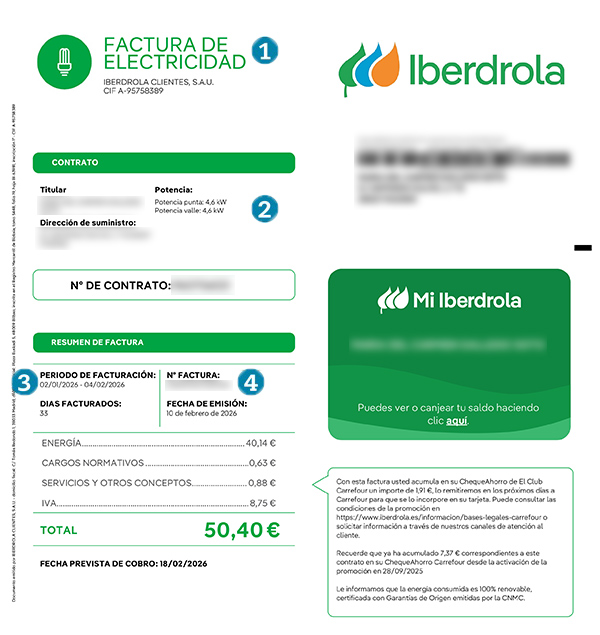 Factura eléctrica tarifas libres 2026 - Datos del contrato